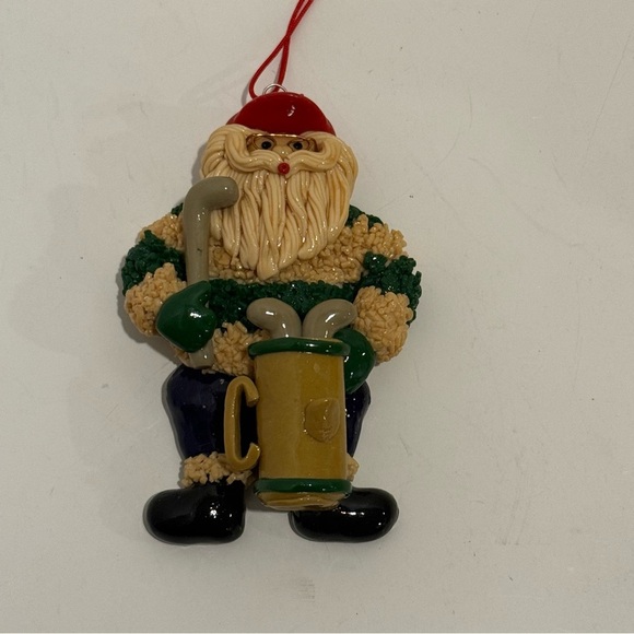 Vintage Handmade Golfer Santa Ornament Christmas Polymer Clay Golf Tee Time - Picture 1 of 5